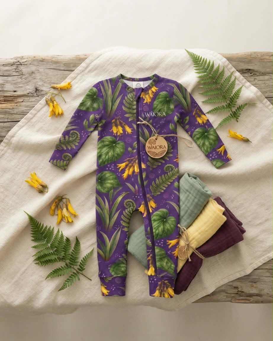 PRE-ORDER 24 NOVEMBER: KOWHAI BAMBOO ONESIE Uira